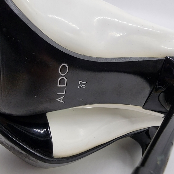Aus6/ 37 Aldo Black and White Patent Leather Open Toe Heels Shoes - Picture 4 of 16